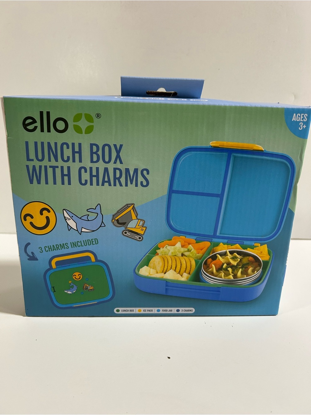 New! Ello Kids Insulated Bento Lunch Box w/Charms Green/Blue